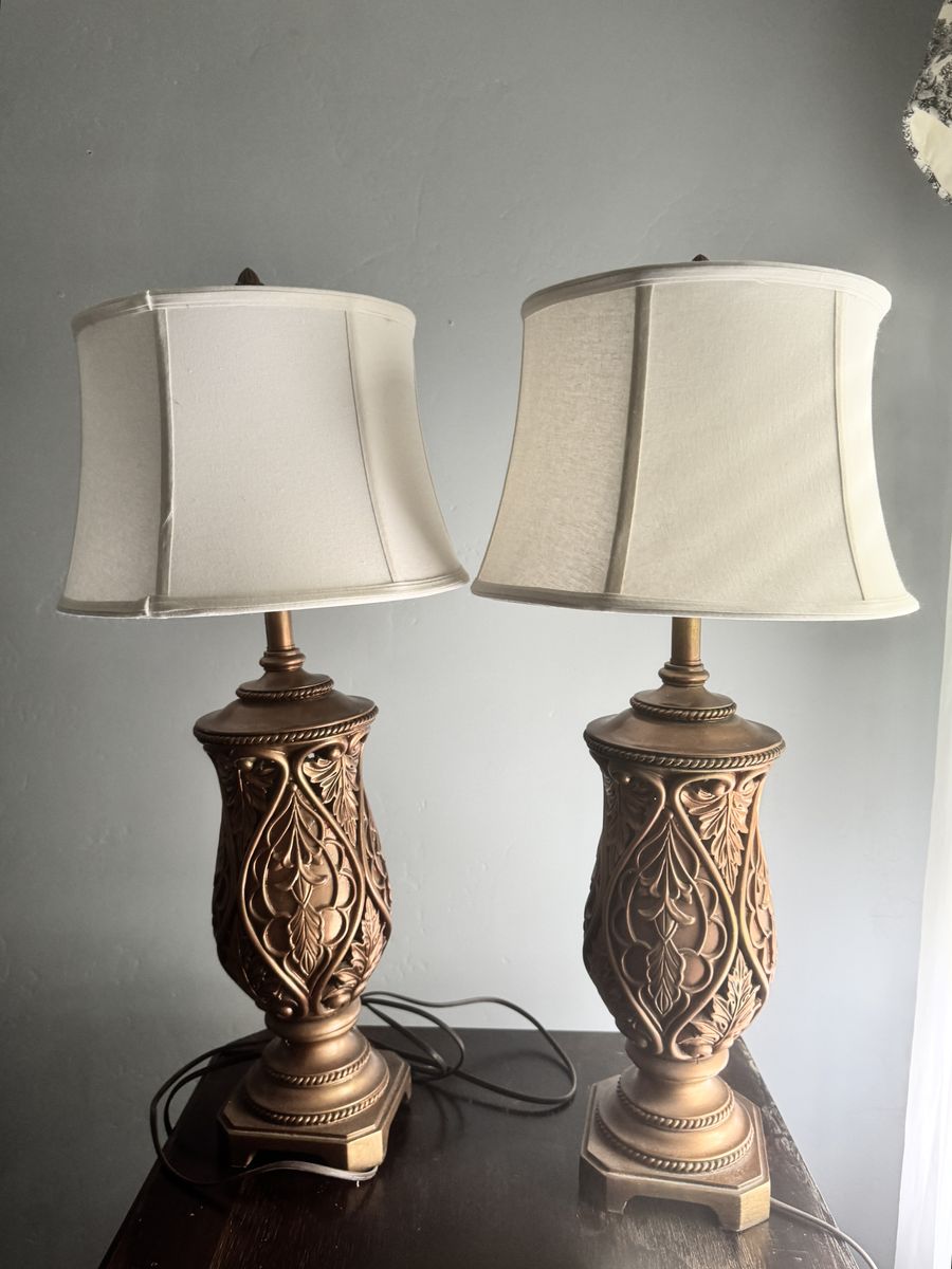 Pair of Ornate Bronze Finish Table Lamps with Fabric Shades - Traditional Home Decor Lighting