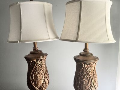 Pair of Ornate Bronze Finish Table Lamps with Fabric Shades - Traditional Home Decor Lighting