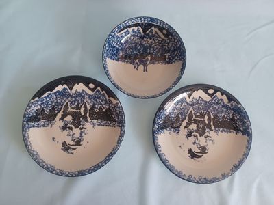 Folk Craft 'Wolf' Stoneware Plates and Bowl/Dish