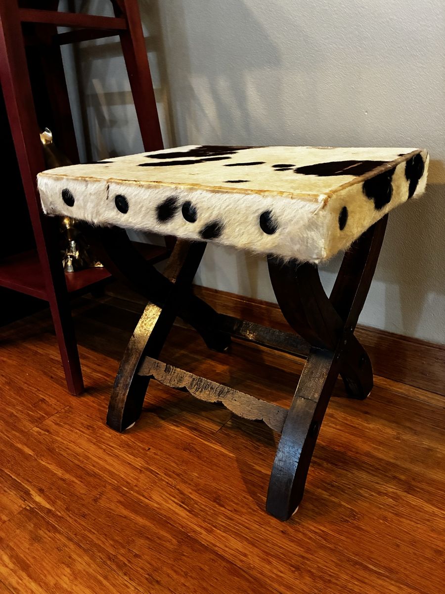 Rustic Folding Stool with Black and White Cowhide real and Dark Wood X-Frame Base