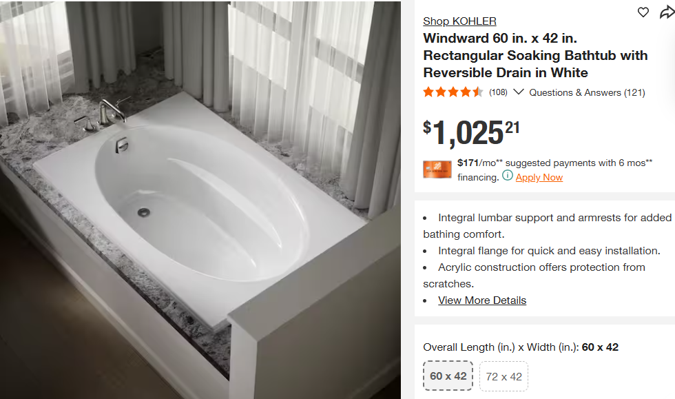New Windward 60 in. x 42 in. Rectangular Soaking Bathtub with Reversible Drain in White