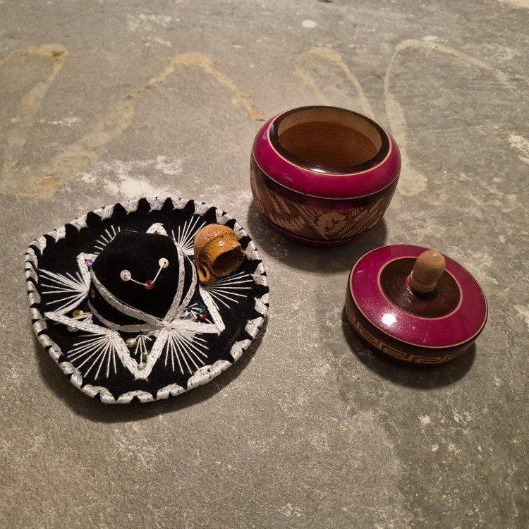 Vintage Mexican Souvenir Lot - Mini Sombrero & Hand-Carved Wooden Sugar Bowl Container