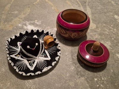 Vintage Mexican Souvenir Lot - Mini Sombrero & Hand-Carved Wooden Sugar Bowl Container