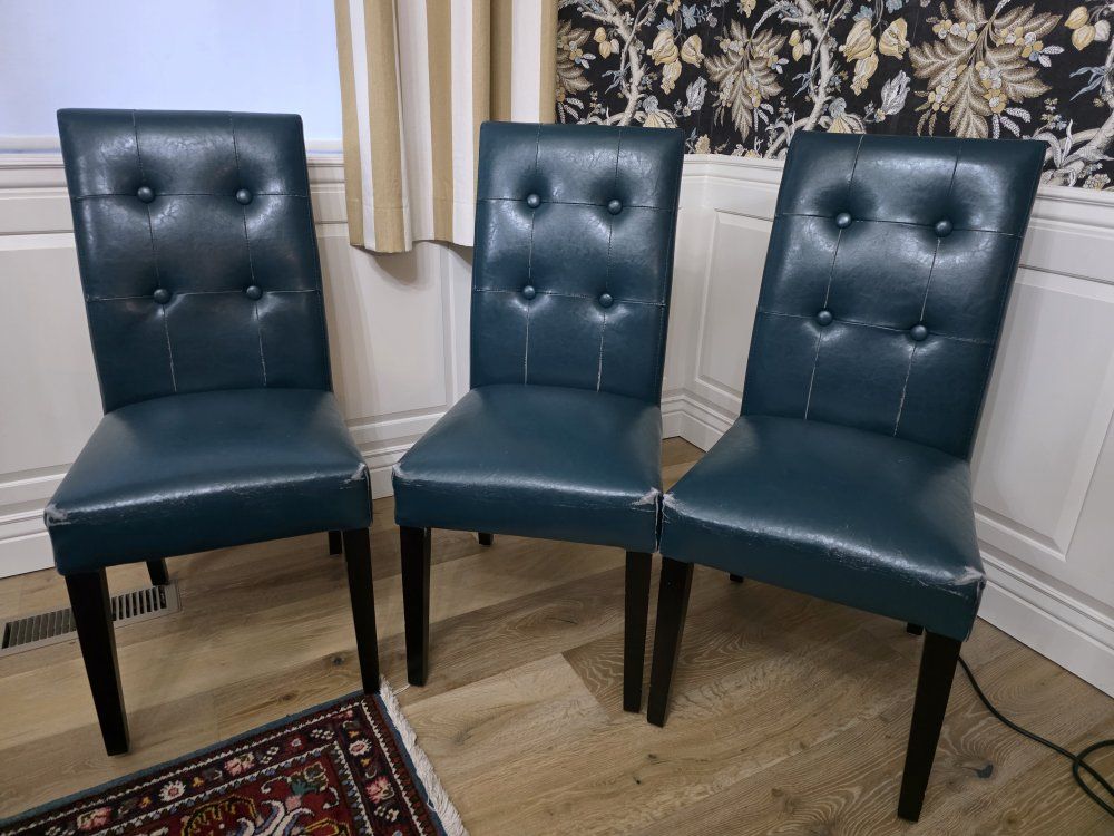 Set of 10 Teal Faux Leather Tufted Dining Chairs with Dark Wood Legs