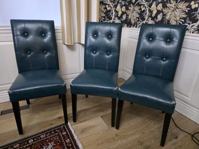 Set of 10 Teal Faux Leather Tufted Dining Chairs with Dark Wood Legs