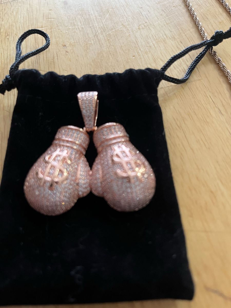 Rose Gold Iced Out Boxing Glove Pendant Necklace with Dollar Sign