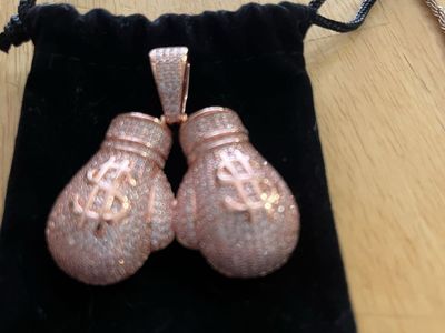 Rose Gold Iced Out Boxing Glove Pendant Necklace with Dollar Sign