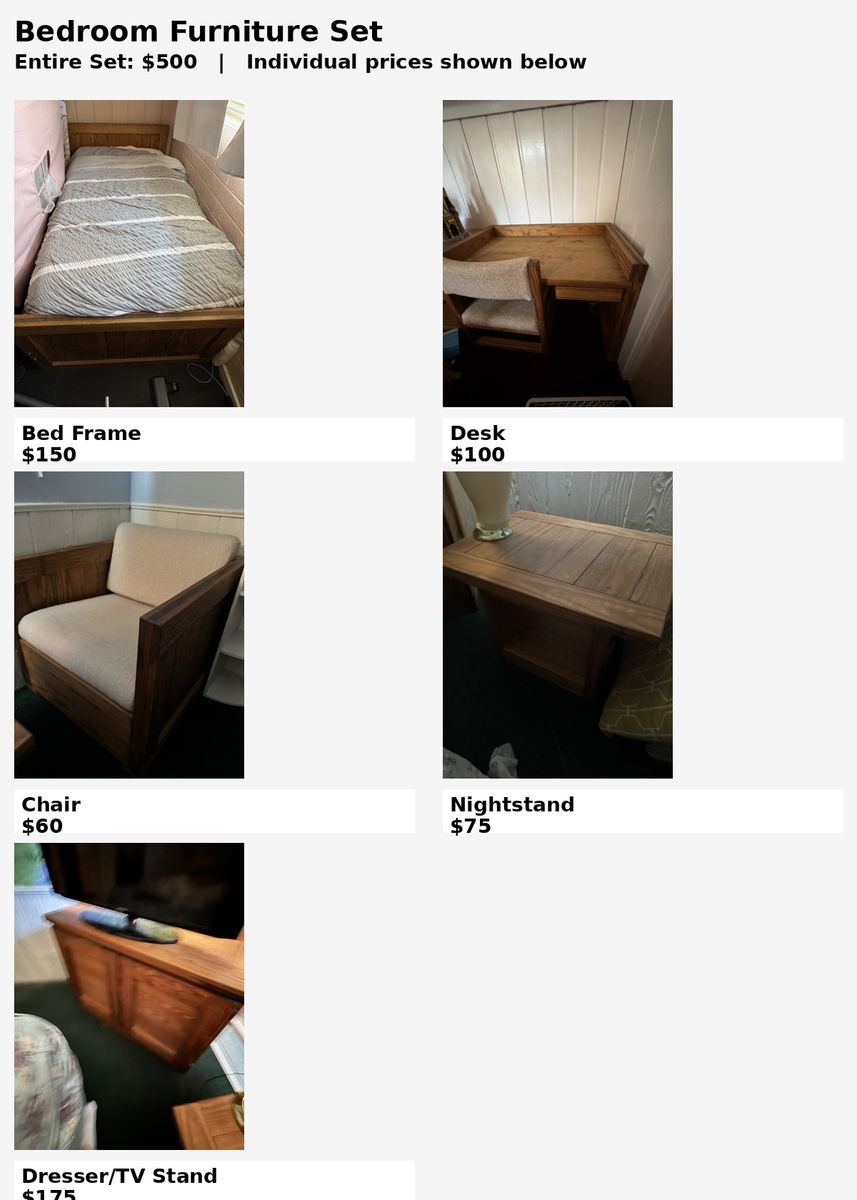 Bedroom Furniture Set - Bed Frame, Desk, Chair, Nightstand, Dresser/TV Stand