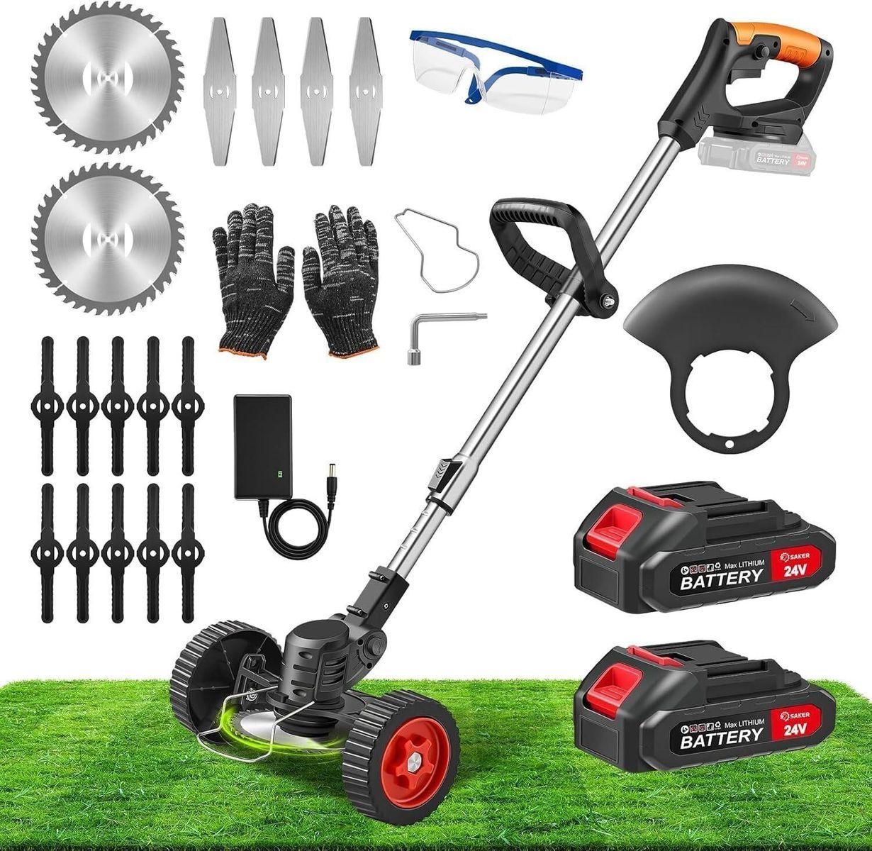 Saker 24V 3-in-1 Cordless Grass Trimmer, Brush Cutter & Lawn Edger with Accessories