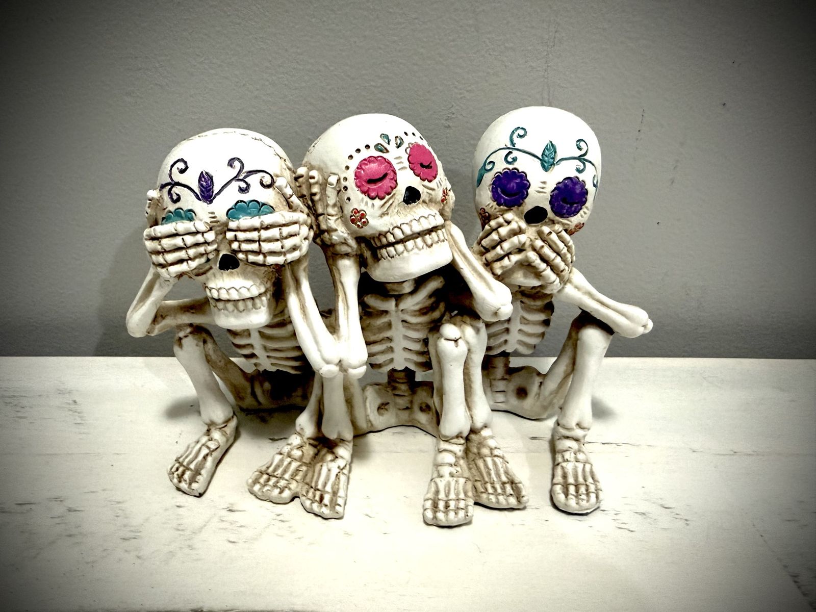 Halloween Dia De Los Muertos Three Wise Skulls Skeleton Figurine See Hear Speak No Evil