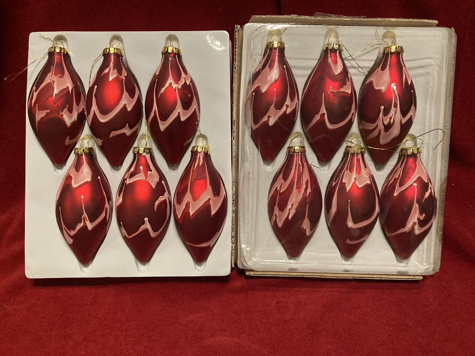 Vintage Teardrop Glass Ornaments Deep Red Base With Marble Swirl Like New 2 Sets