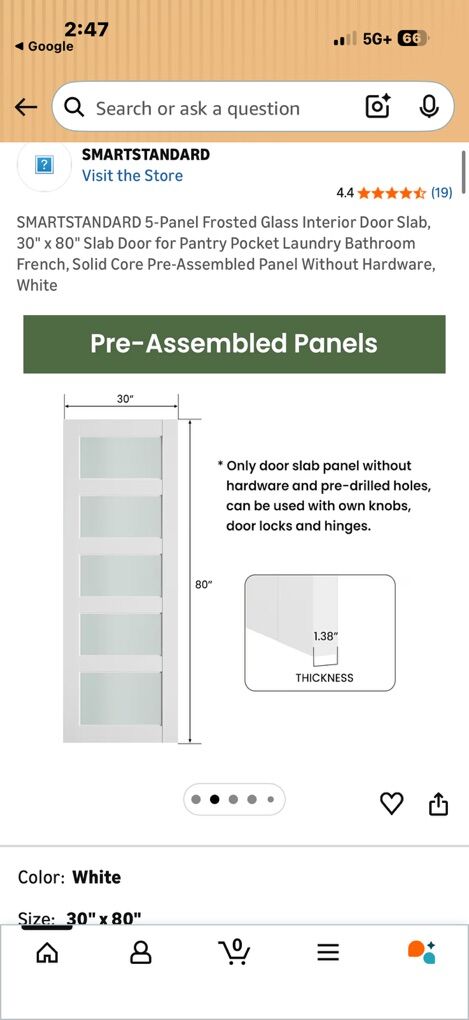 5 Panel Frosted Glass Interior Pocket Door 30x80
