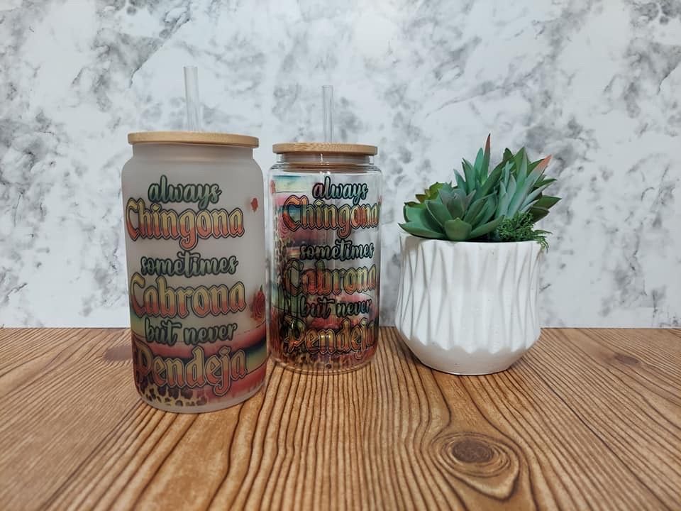 Custom "Always Chingona" Frosted & Clear Glass Tumblers with Bamboo Lid & Straw