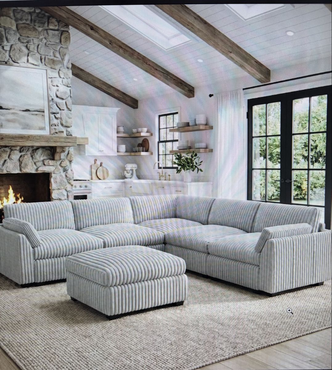 BRAND NEW Corduroy L-Shaped Sectional Sofa with Matching Ottoman - Gray