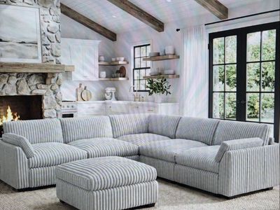 BRAND NEW Corduroy L-Shaped Sectional Sofa with Matching Ottoman - Gray
