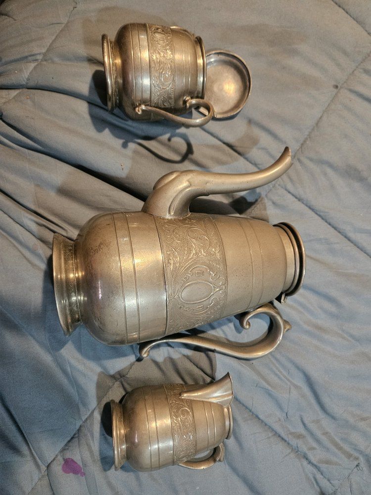 Vintage Pewter Coffee/Tea Service Set - Pot, Creamer, Sugar Bowl, Intricate Etching, Dated 1840