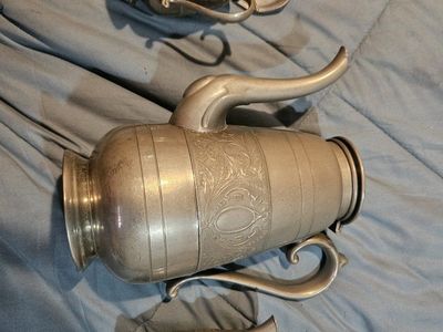 Vintage Pewter Coffee/Tea Service Set - Pot, Creamer, Sugar Bowl, Intricate Etching, Dated 1840
