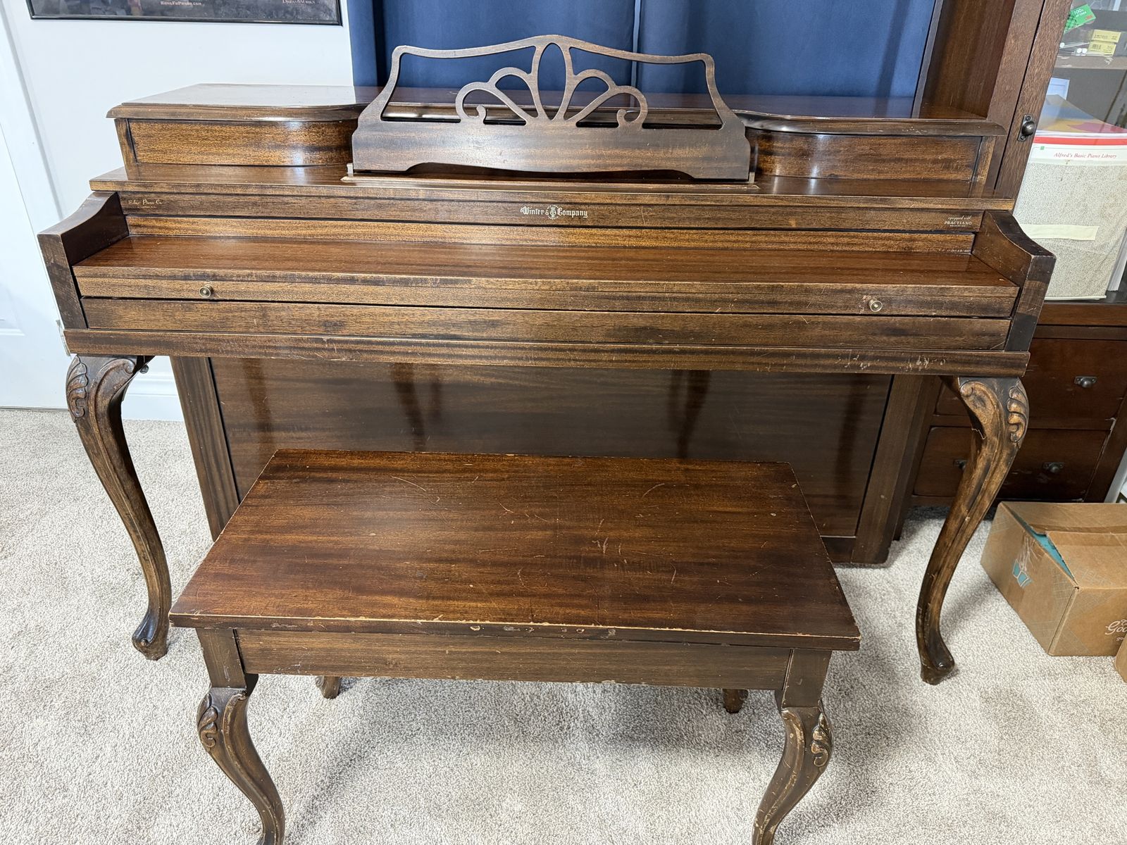 Winter & Company Vintage Upright Piano with Bench - Dark Wood Finish