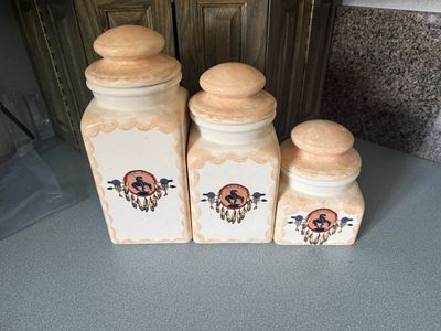 Vintage Native American Theme Ceramic Canister Set - 3 Piece Kitchen Storage Jars