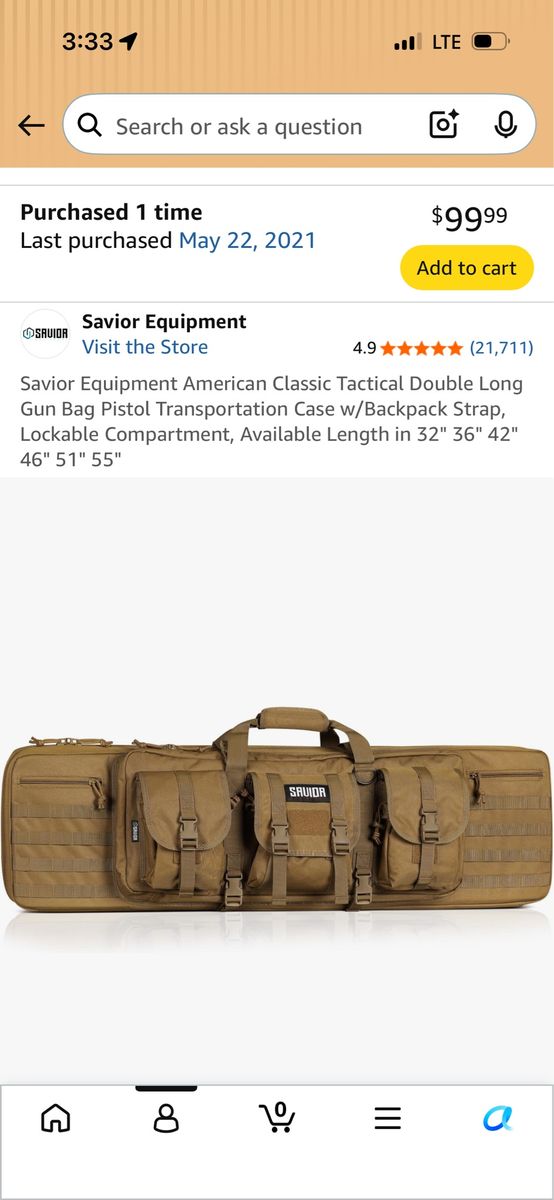 Savior Equipment American Classic Tactical Double Long Gun Bag Pistol Transportation Case, Coyote, 51"