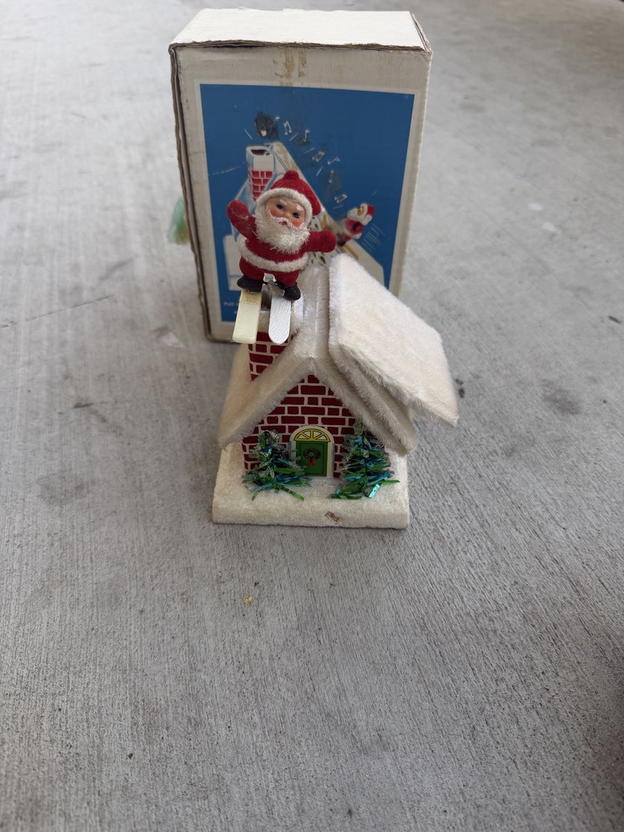 Vintage Japan Mechanical Santa Skiing Down Chimney House Holiday Decor with Original Box