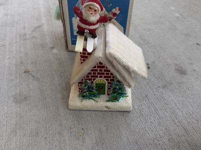 Vintage Japan Mechanical Santa Skiing Down Chimney House Holiday Decor with Original Box