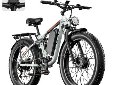 PUJH P3 Electric Fat Tire Mountain Bike - Light Gray, Full Suspension, Digital Display