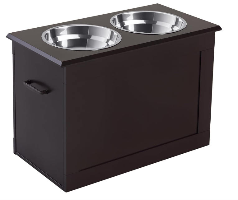PawHut Raised Pet Feeding Storage Station with 2 Stainless Steel Bowls Base for Large Dogs and Other Large Pets, Coffee