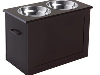 PawHut Raised Pet Feeding Storage Station with 2 Stainless Steel Bowls Base for Large Dogs and Other Large Pets, Coffee
