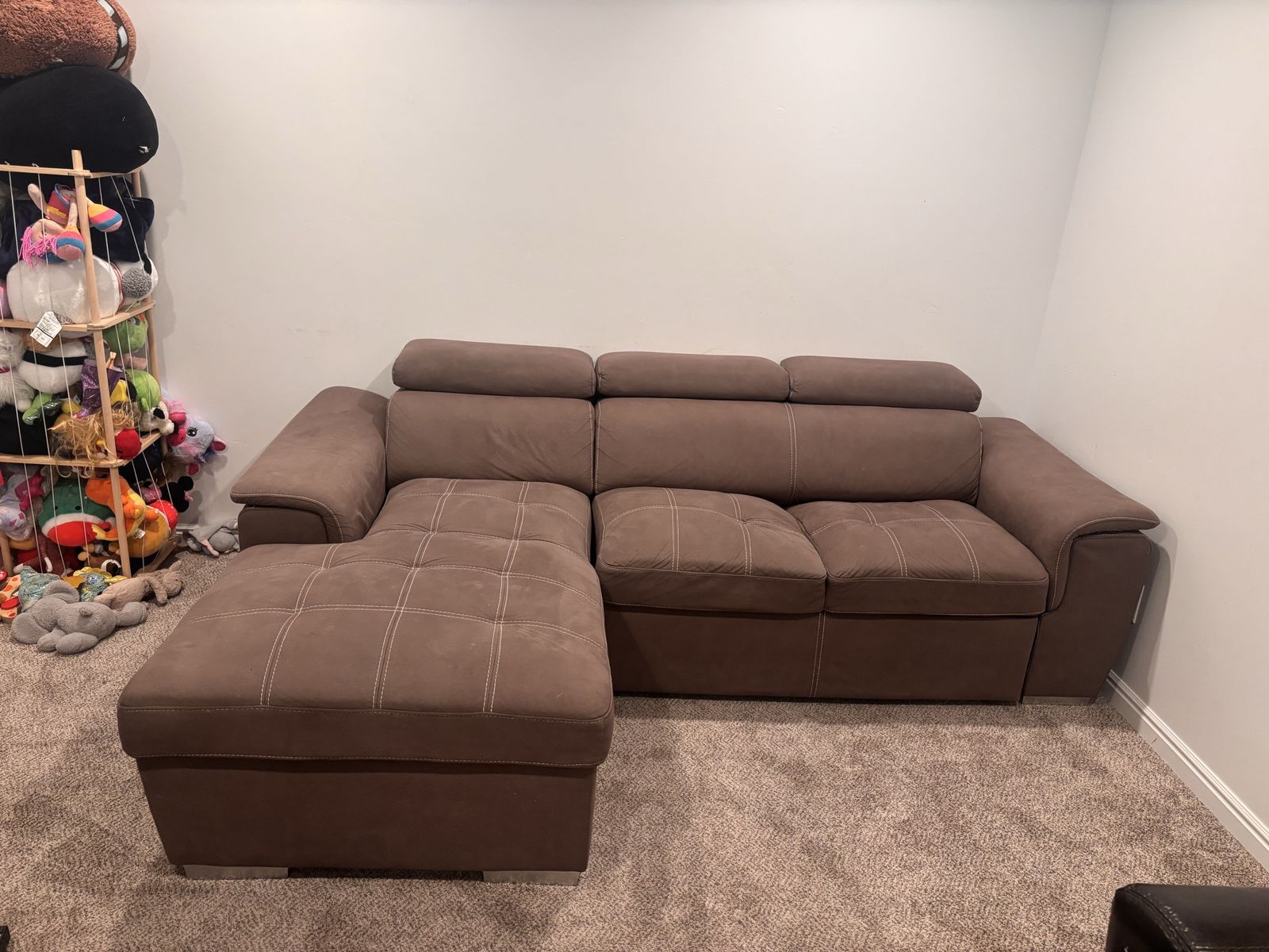 Brown Sectional Sofa with Storage Ottoman & Pull-out Bed - Used Good Condition