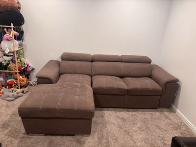 Brown Sectional Sofa with Storage Ottoman & Pull-out Bed - Used Good Condition