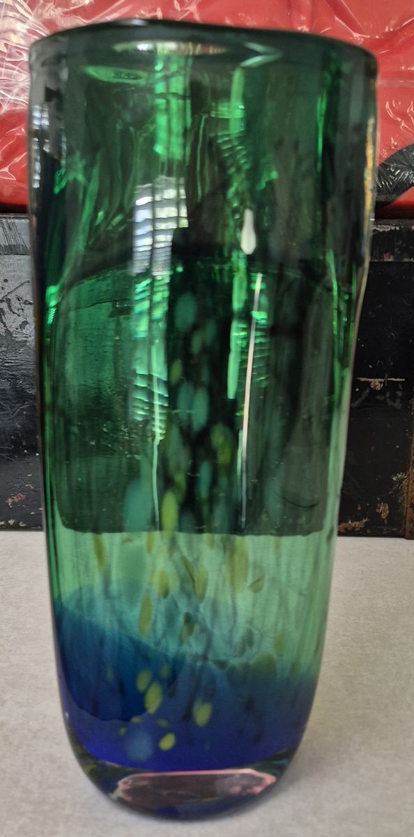 Hand Blown Glass Vase Green Blue Speckled Art Glass Decor