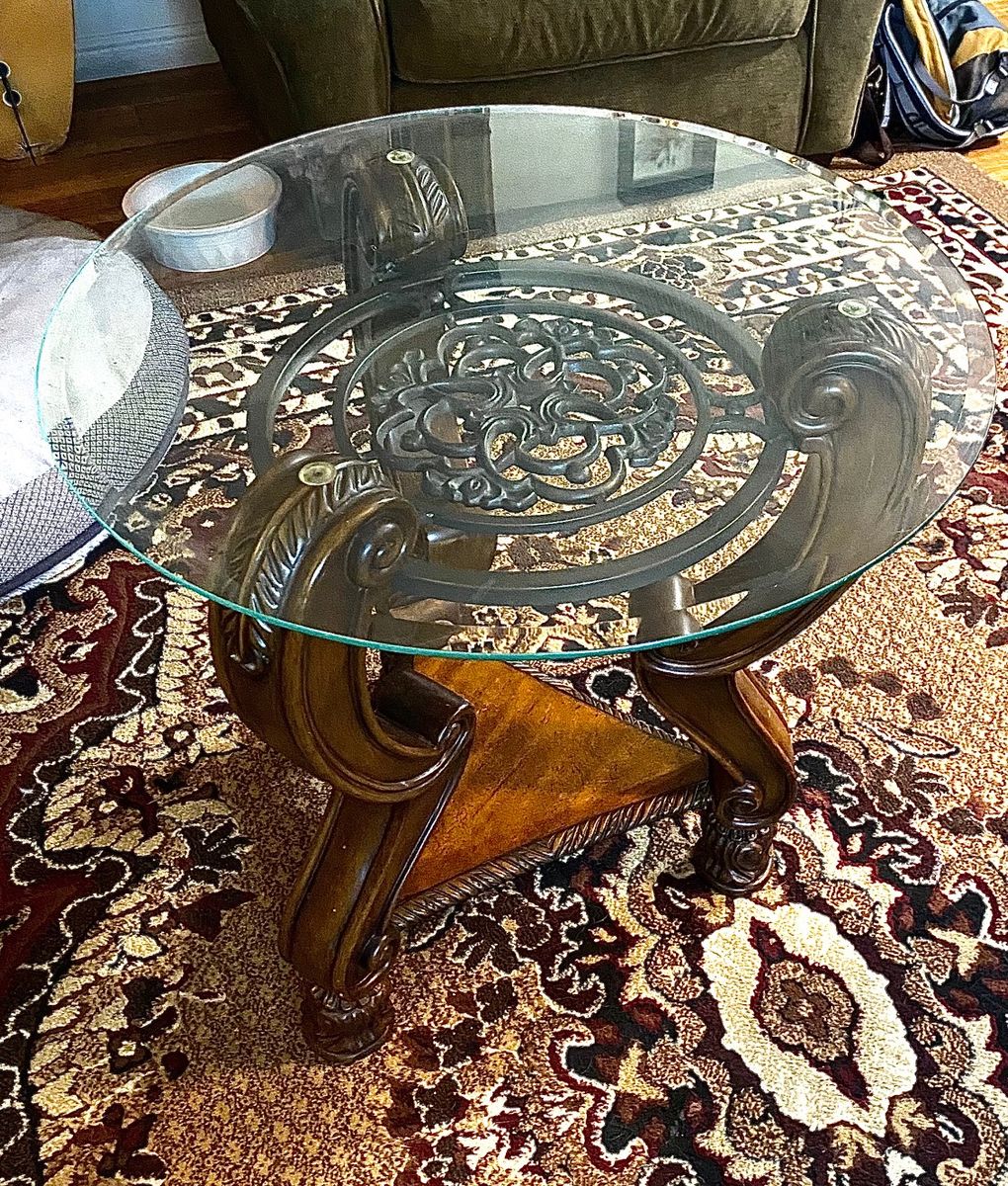 Beautiful Beveled Glass/Metal & Hardwood table for sale $250