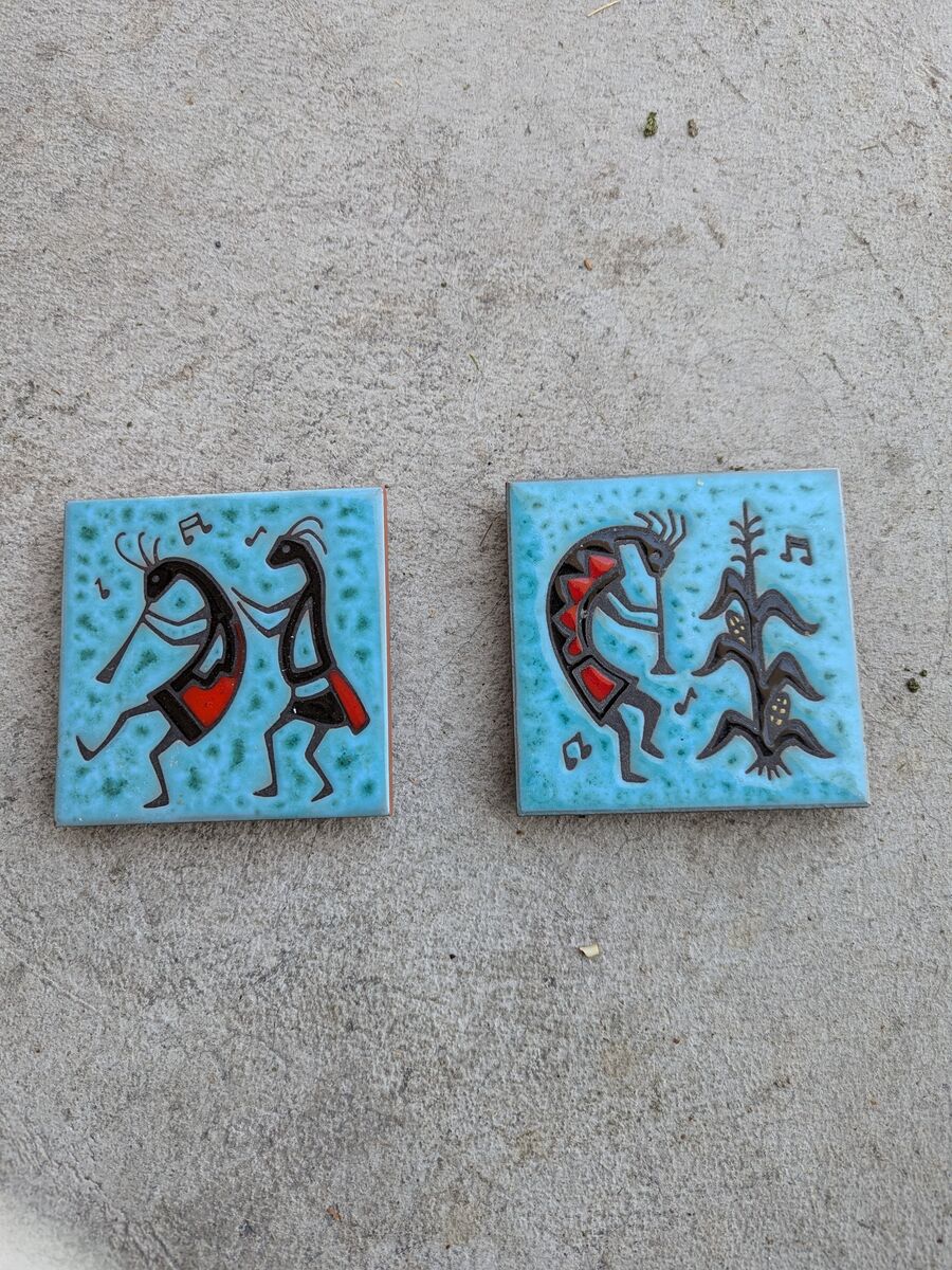 Cleo Teissedre Designs Decorative Ceramic Art Tile 4" x 4" Kokopelli . Set of 2