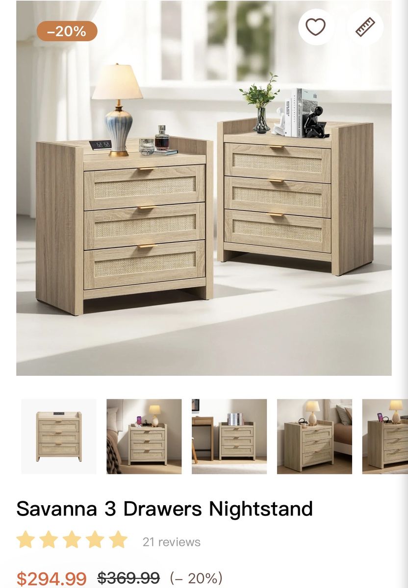 Savanna 3-Drawer Nightstand with Rattan Detail and Built-In Charging Station
