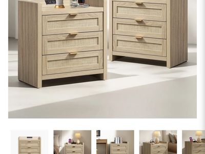 Savanna 3-Drawer Nightstand with Rattan Detail and Built-In Charging Station