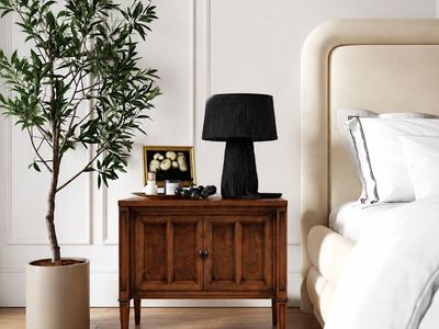 Pair of Vintage Mid Century Nightstands or Side Tables w/Double Door Cabinet, Brass Accents, Burl Facade & Tapered Legs