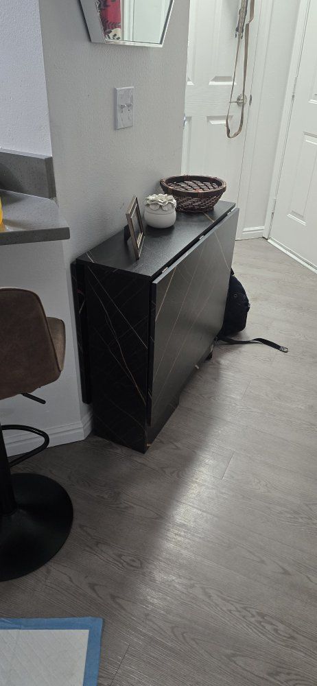 Compact Drop Leaf Table - Black Faux Marble Finish, Space-Saving Design