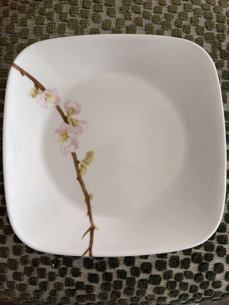 Corelle 8 Square Cherry Blossom Branch Ceramic Dinner Plates & 8 Square Cherry Blossom Salad Plates. 