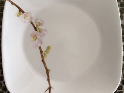 Corelle 8 Square Cherry Blossom Branch Ceramic Dinner Plates & 8 Square Cherry Blossom Salad Plates.