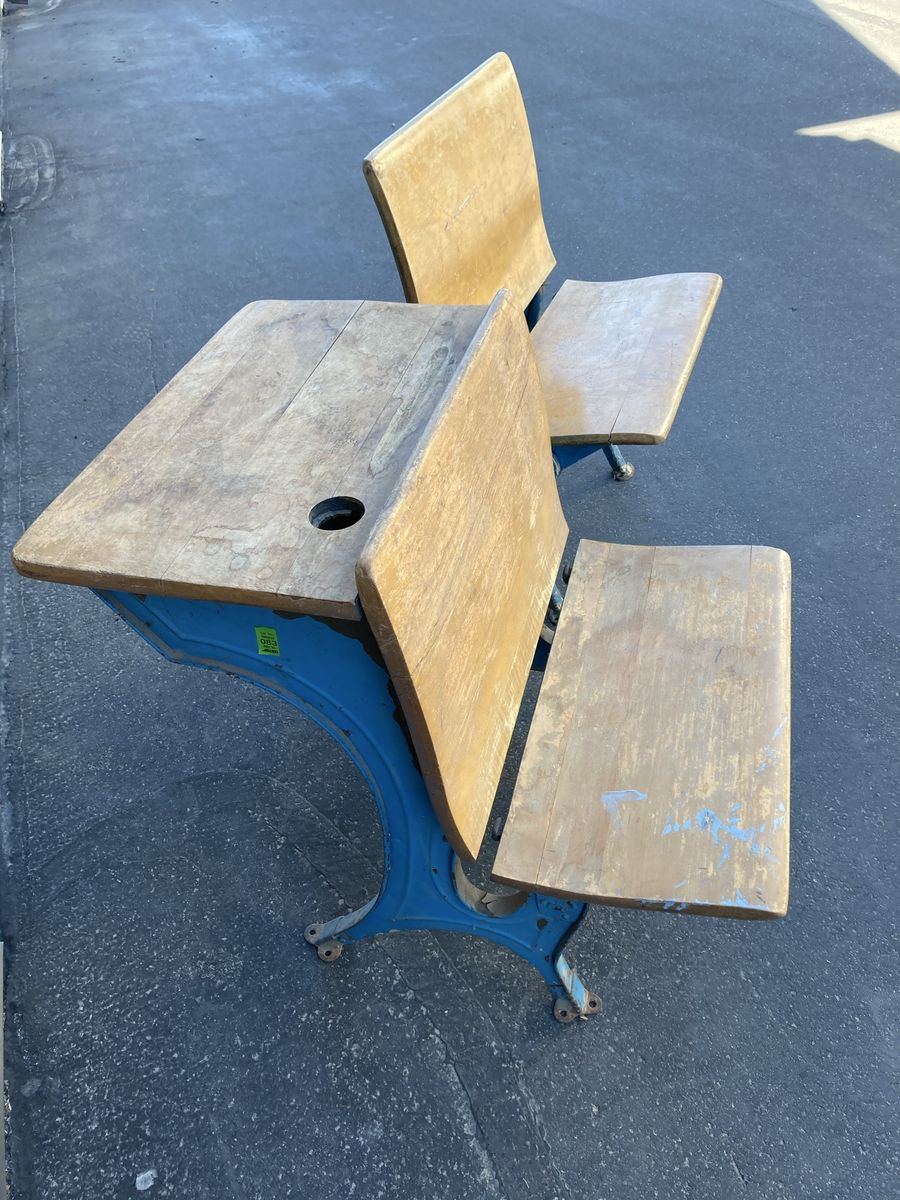 Vintage Wooden School house Desks with Blue Cast Iron Bases - Set of 2
