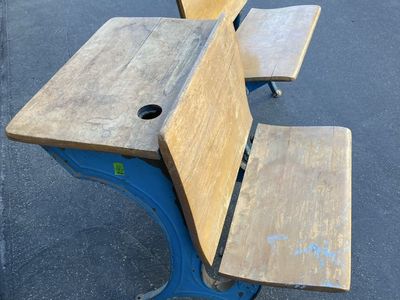 Vintage Wooden School house Desks with Blue Cast Iron Bases - Set of 2