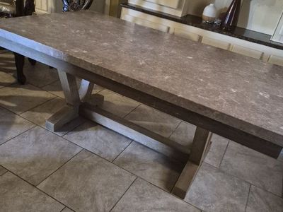 Dining Table with Solid Stone Top - Rustic Farmhouse Style Wood Base