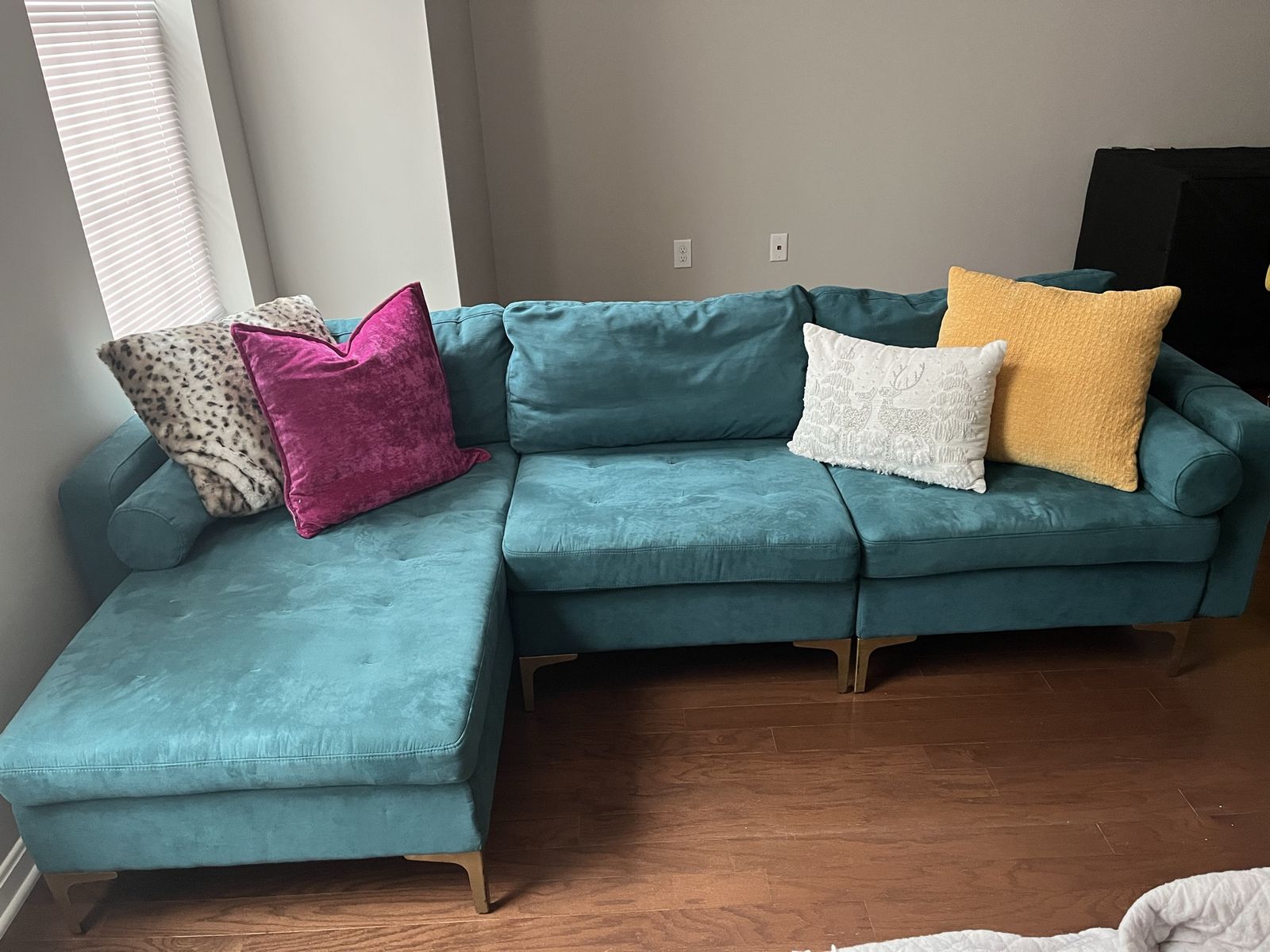 Teal/Turquoise Sectional Sofa with Left-Facing Chaise and Gold Legs