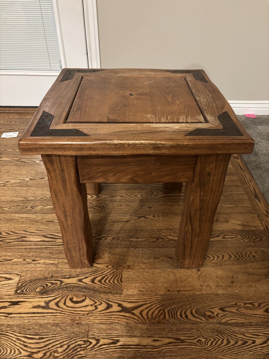 Rustic Wooden End Table with Metal Corner Brackets Made in Mexico