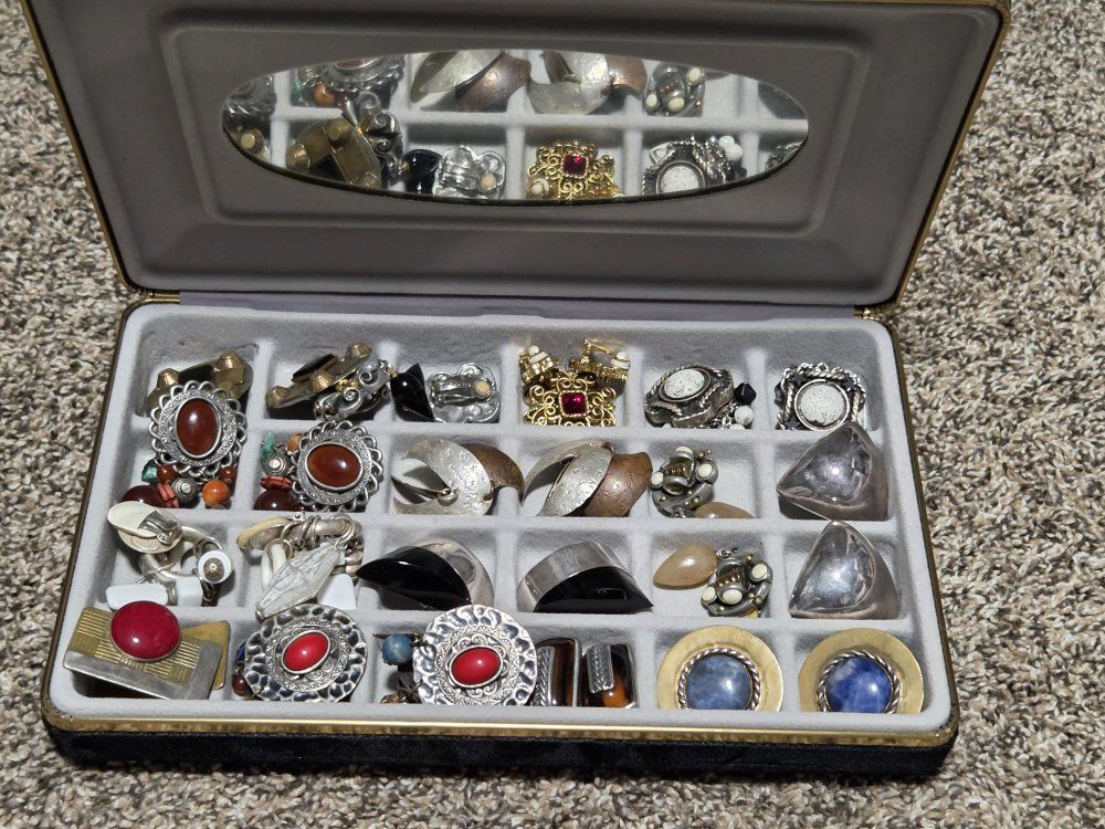 Vintage Statement Earring Collection in Jewelry Box, all clip ons