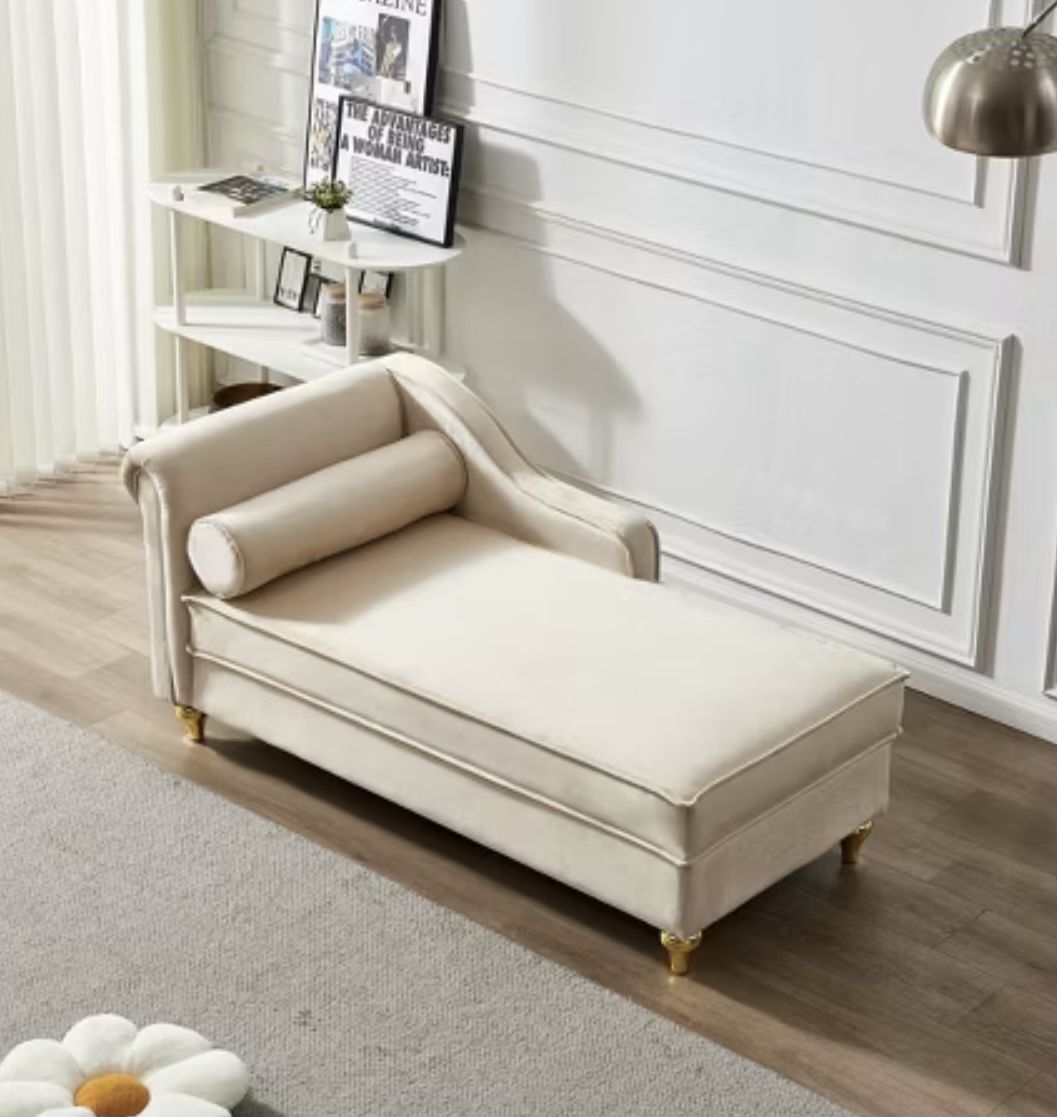 Elegant Beige Velvet Chaise Lounge with Rolled Arm & Storage, 60.6" Length