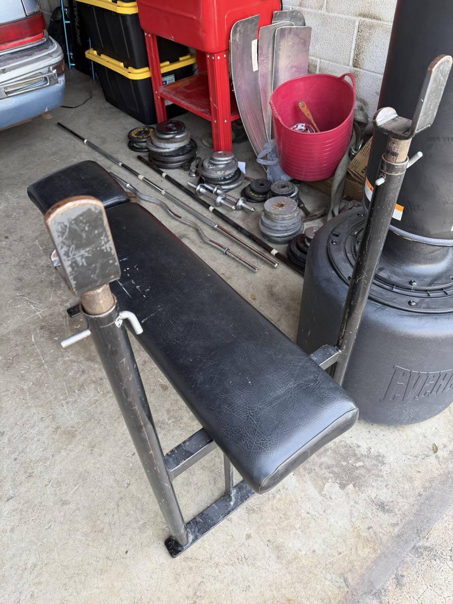 Gym bench + boxing punch + bars and weight
