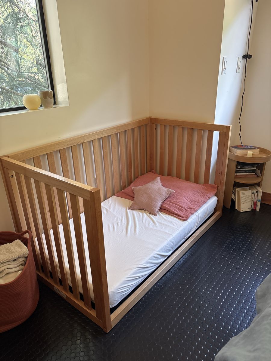 Used Wooden Toddler Bed with Rails and Mattress, Light Wood Finish, Good Condition