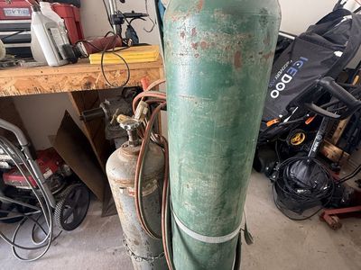 Oxy Acetylene Cutting Torch Setup with Large Tanks, Regulator, and Cart